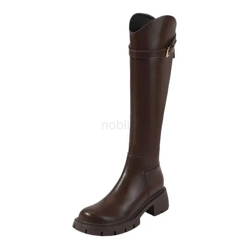 Vintage Warm Plush Wen Knee High Boots Fion Belt Buckle Shoes Autumn Winter Low Heel Wens Knight Long Booties Z250304