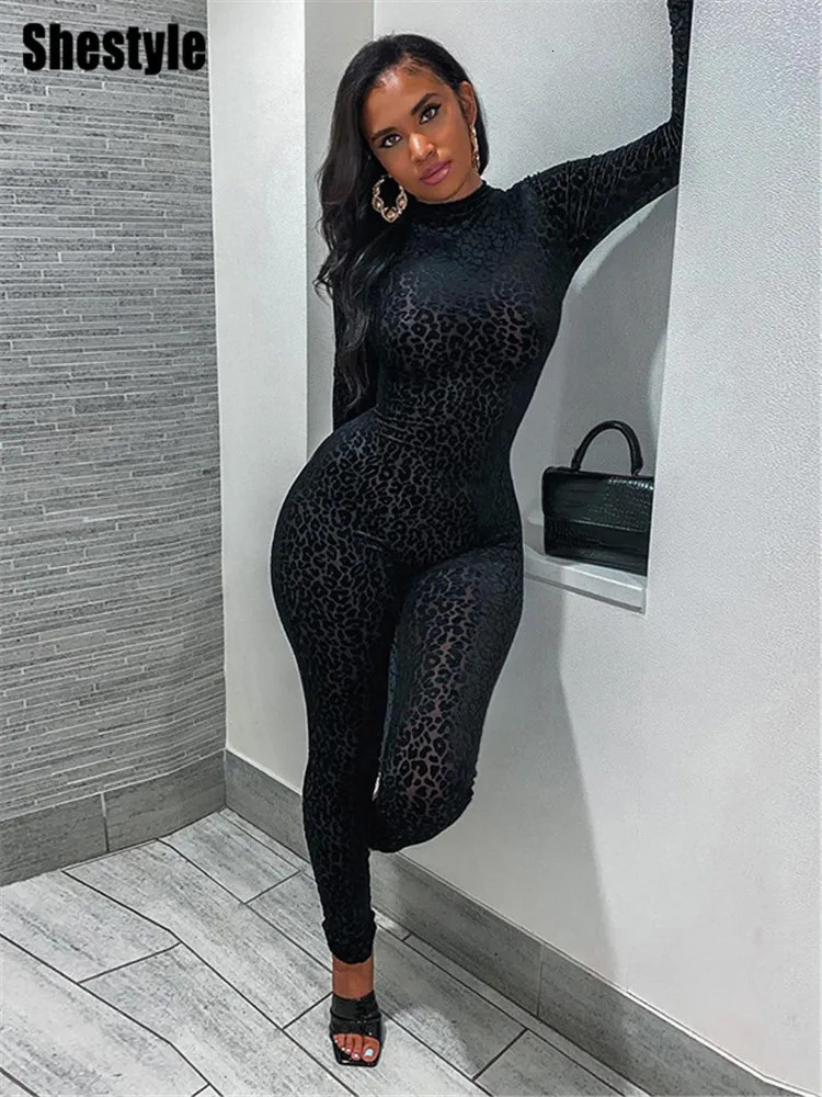 Shestyle Leopard Transparent Jumpsuits Women Skinny Back Zip Mock Neck Black Sexy Animal Print Slim Clubwear Fitness 250303