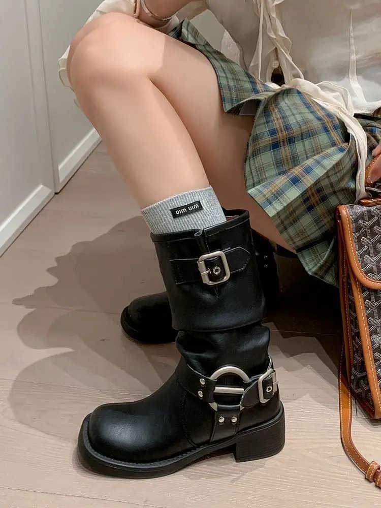 Square Toe Ladies Mid Calf Shoes Biker Brown Studded Middle Heel Wens Half High Boots Gothic Waterproof Pu Work S New In Z250304