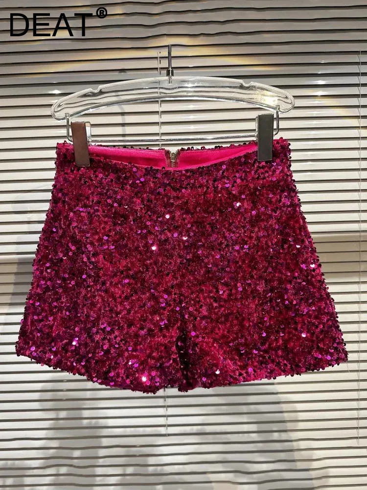 DEAT Fashion Trendy Womens Colorful Sequins Shorts 2025 Spring Collection High Waist Zipper Short Pants Female 11XX8816 250303