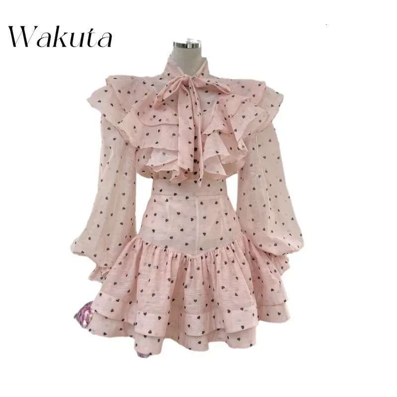 WAKUTA French Spring Ruffled Bow Heart-Shaped Printed Shirt Fashion High Waisted Short Skirt 2-Piece Set Female Clothing