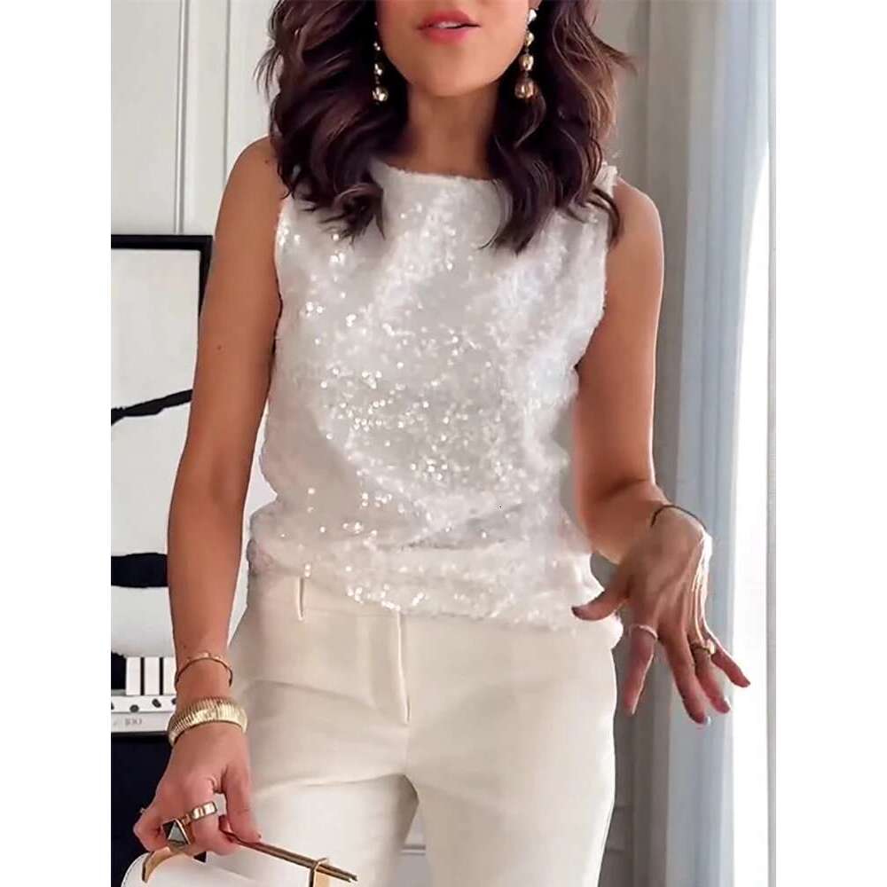 Nightclub Sleeveless Sequined Vest,Tanks & Camis,Women Sexy Tank Top,White Tops Women,2000s Clothes Y2k For Women &