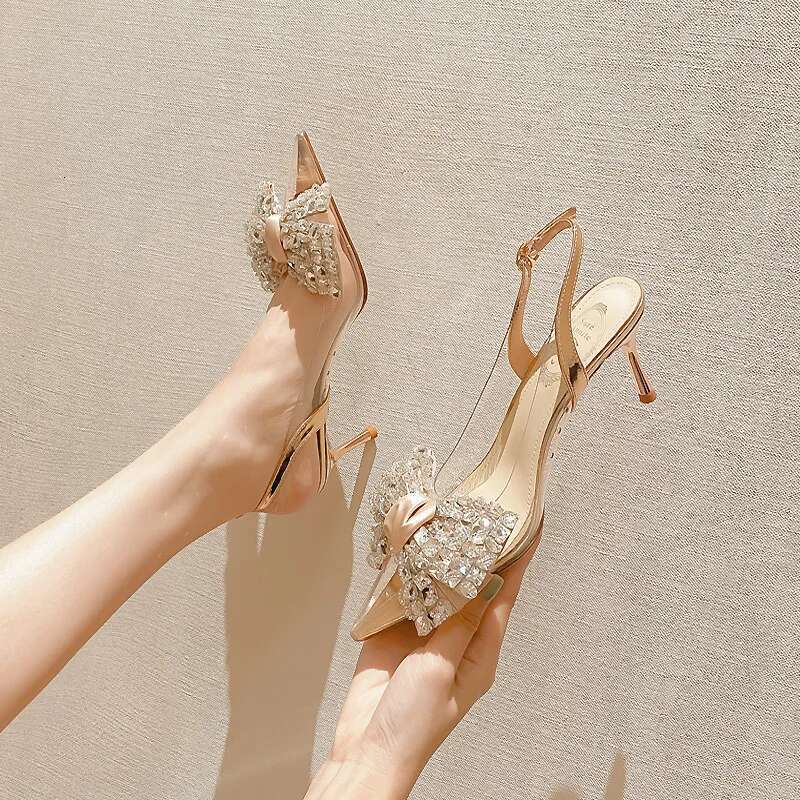 New Pointed Toe Stiletto PVC Rhie Bow Decoration Fashion Ladies Shoes Sexy Elegant Wedding Banquet Party High Heels