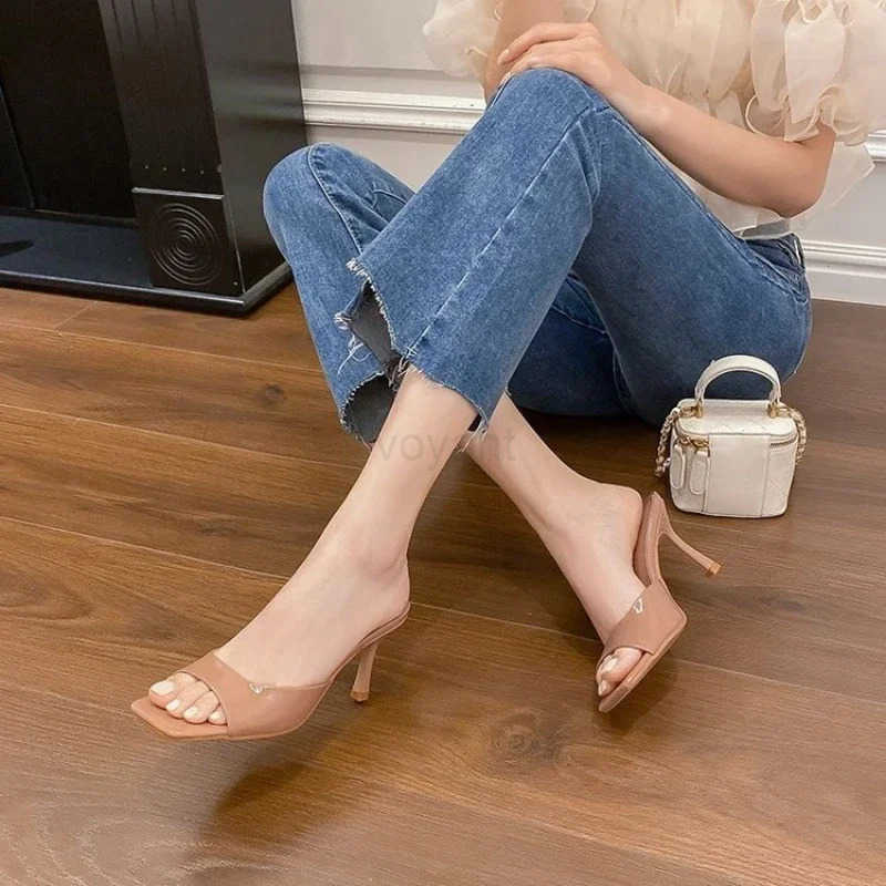 Summer New Slippers Wen Trend Sexy Large Size Square Toe Thin H Shoes Ladies Casual Slippers Heel zapatos Z250304