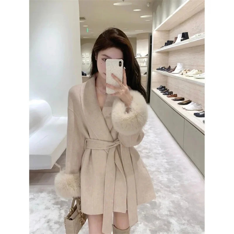 Wool jacket with spring and summer long sleeves loose highend spliced short blended wool lace 250225