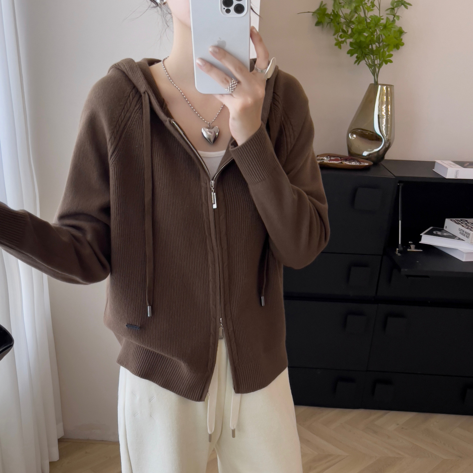 D199 New short hooded soft and loose lazy style double zipper sweater jacket
