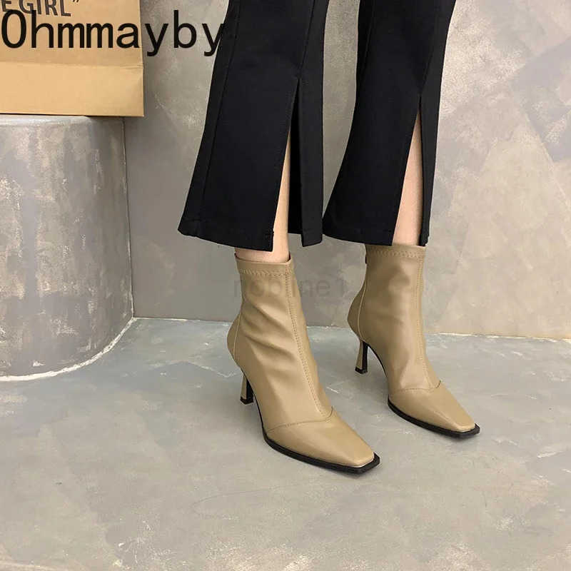 High Heel Wen Streh Slim Ankle Boots Fion Elegant Square Toe Short Booties Autumn Winter Laides Warm Fleeces Shoes Z250304
