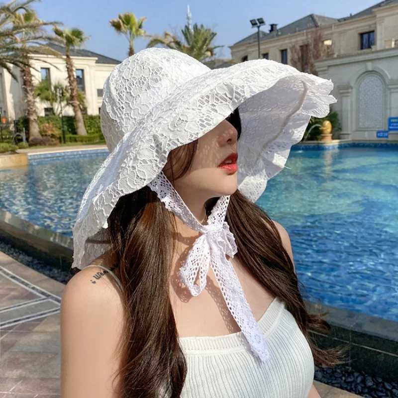 Woman Lace Sun Hat White Black Summer Hats for Women Bucket Hat Beach Sunhat Large Wide Brim Summer C for WomenXJ250304