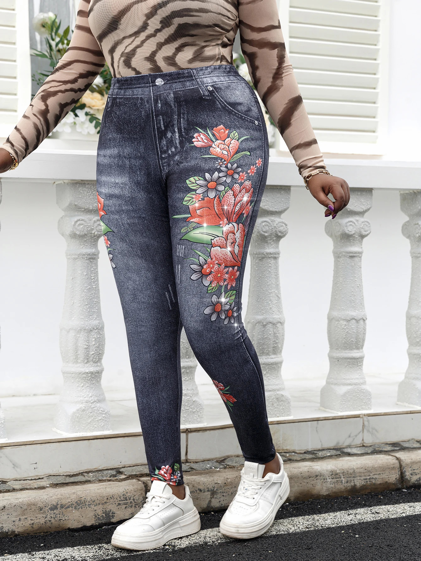 Plus Size Women Leggings Denim Floral Print Fashion Casual Sports Pants Female Skinny Pant Gym Clothing 250304