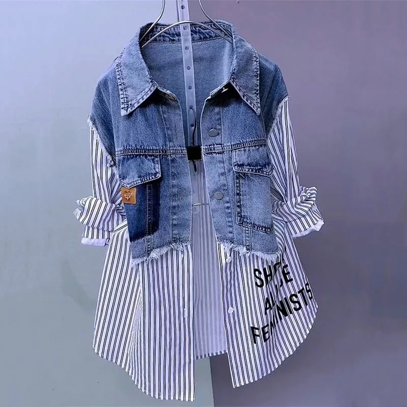 Splicing Denim Jacket Women Spring Autumn Korean Fashion Denim Shirt Ladies Tops Casual Jean Coat Female Windbreaker 250227