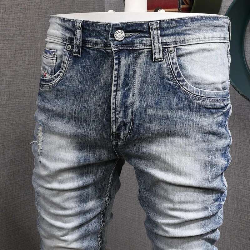 Fashion Designer Retro Light Blue Stretch Slim Fit Printed Ripped Jeans Men Hole Trousers Vintage Casual Pants Hombre