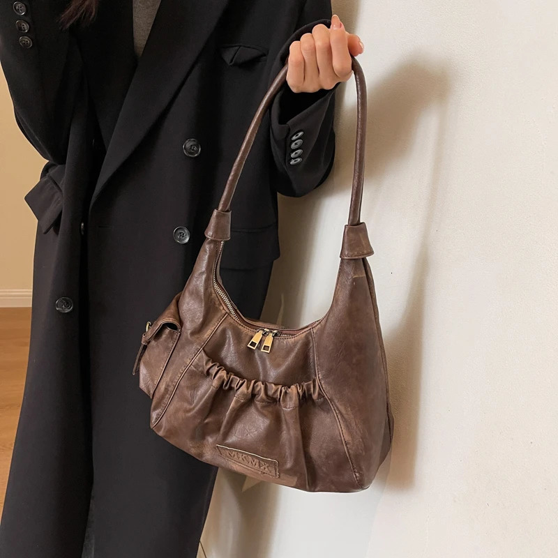 Distressed Vintage Shoulder Bags For Women Pleated Large Capacity Retro Hobo Bag Winter Handbags 250228