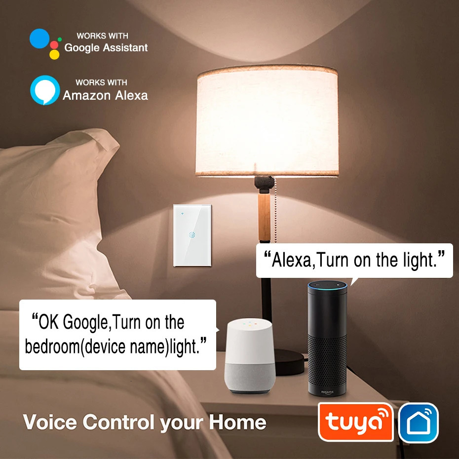 118 US Tuya Sensors Touch Switch Works With Google Home Alexa Voice Control WiFi Smart Home Appliance Need Neutral 1gang 2Way 250303