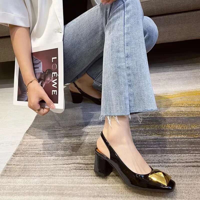 Summer New 2025 Metal Square Buckle Baotou Thick Heel Sandals Women Korean Shallow Mouth Slip-On Back Strap Sandalias De Mujer