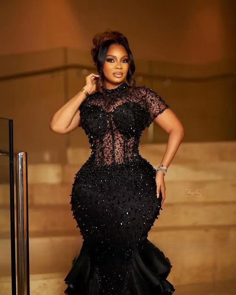 Black Lace Prom Party Dresses For African Women 2025 Sequined Beaded Reception Gown Ruffles Birthday Dress Tiered Vestidos De Noche Customized