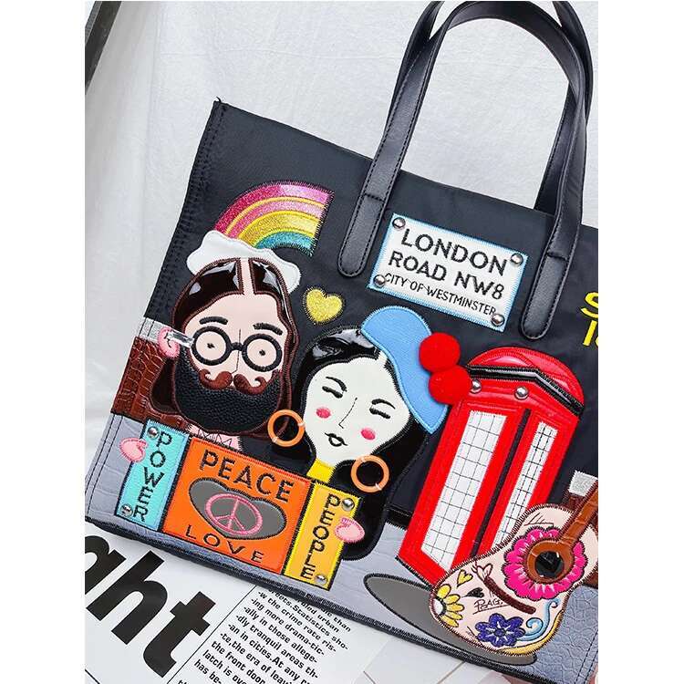 Cartoon Pattern Embroidery Nylon Shoulder Bag For Women Fashion Female Purses And Handbags Shopping Bags Ladies Designer Totes