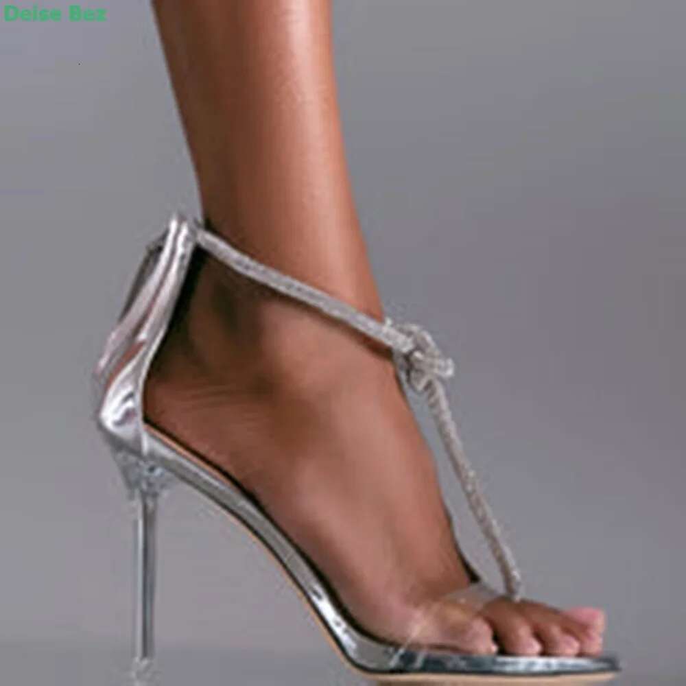 Crystal Rope Sandals Pointed Toe Thin High Heel Ankle Strap Back Cover Zipper Fashion Women Summer Simple Shoes