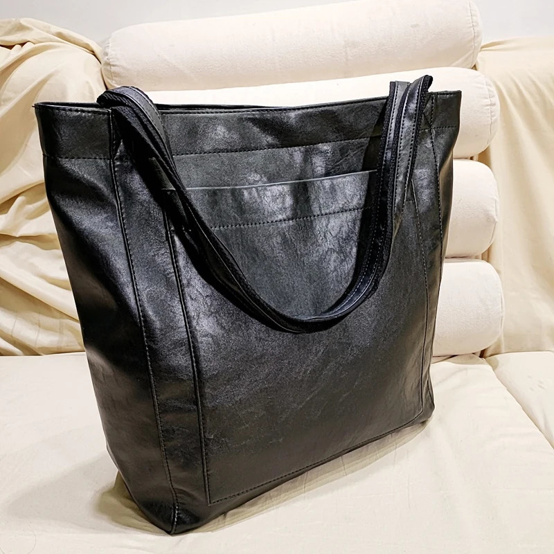 Ship from US Womens Shoulder Bag Oil Wax Leather Large Capacity Fashionable Big Tote Retro Soft Oversized Shopping Handbag 250304FBB