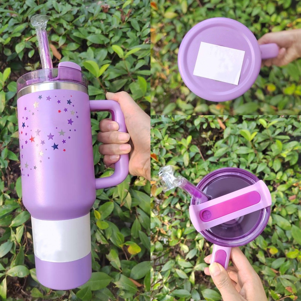 USA Local Warehouse 40OZ Designer Letter Cups Stainless Steel Tumblers With Hanlde Lids and Straw Purple Stars Pink Rose Floral Travel Car Mugs In Bro