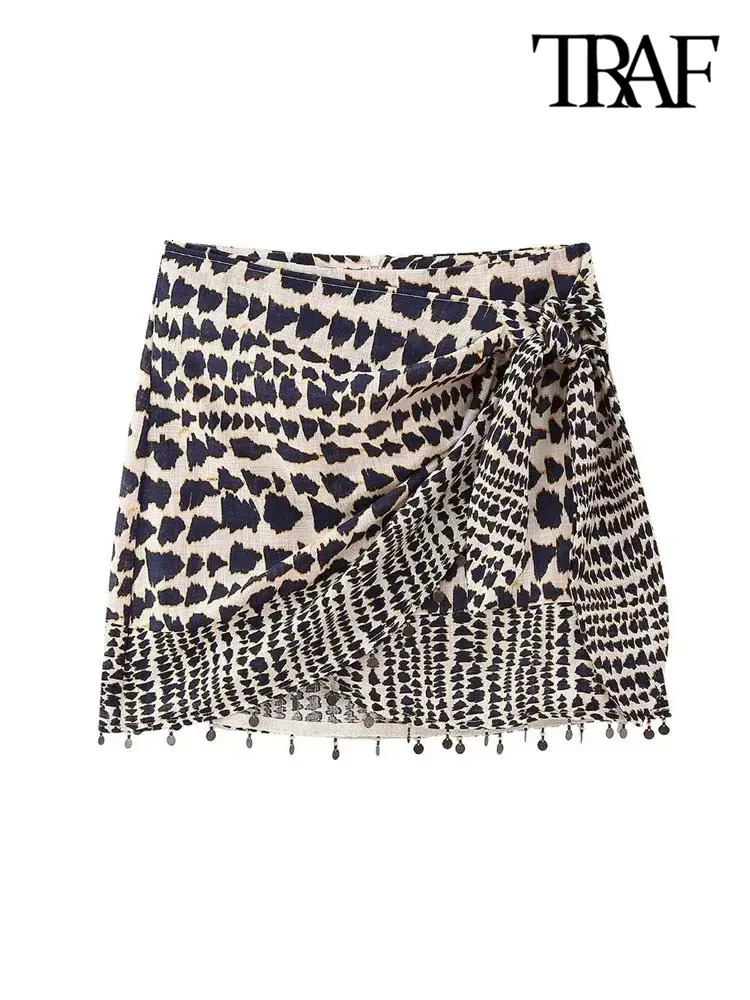 TRAF Women Fashion With Beaded Print Wrap Mini Skirt Vintage High Waist Back Zipper Female Skirts Mujer 250304