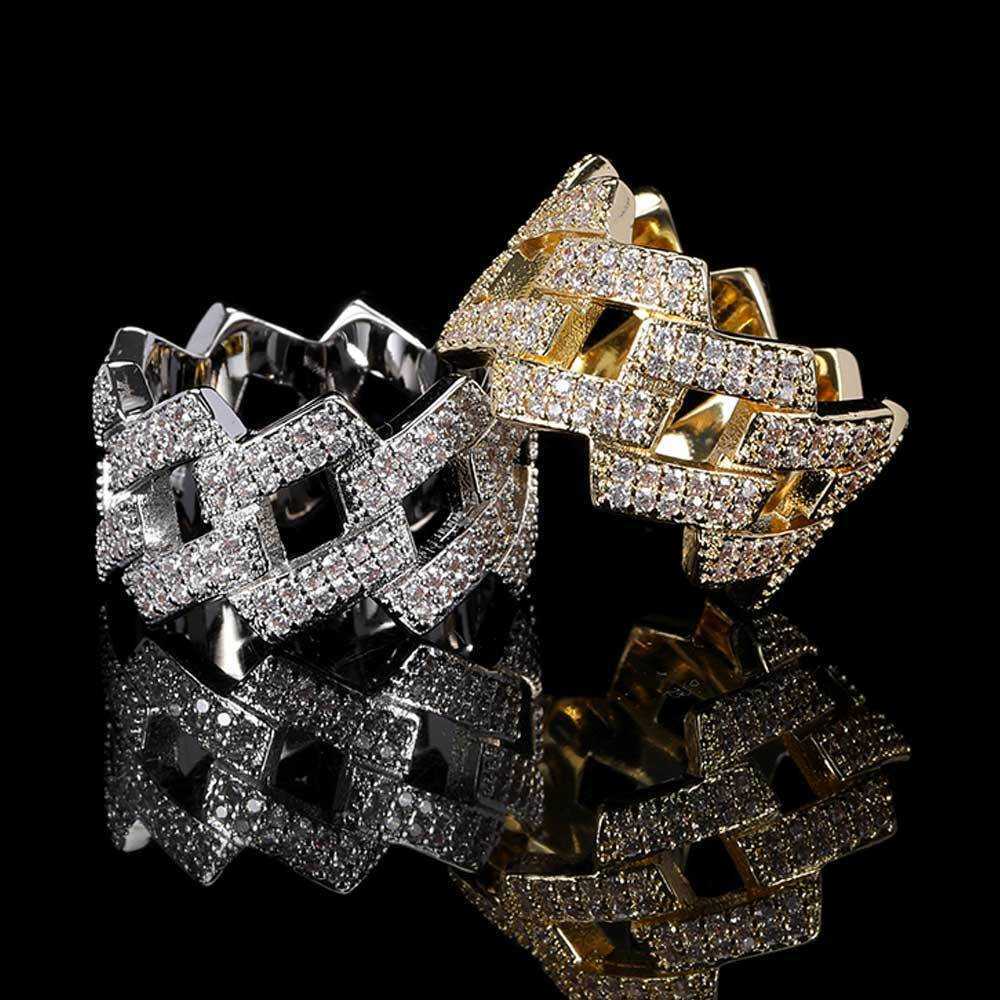 Couple Rings Hip hop 14mm diamond Cuban ring real gold plated double row zircon trendsetter hiphop mens ring H25303