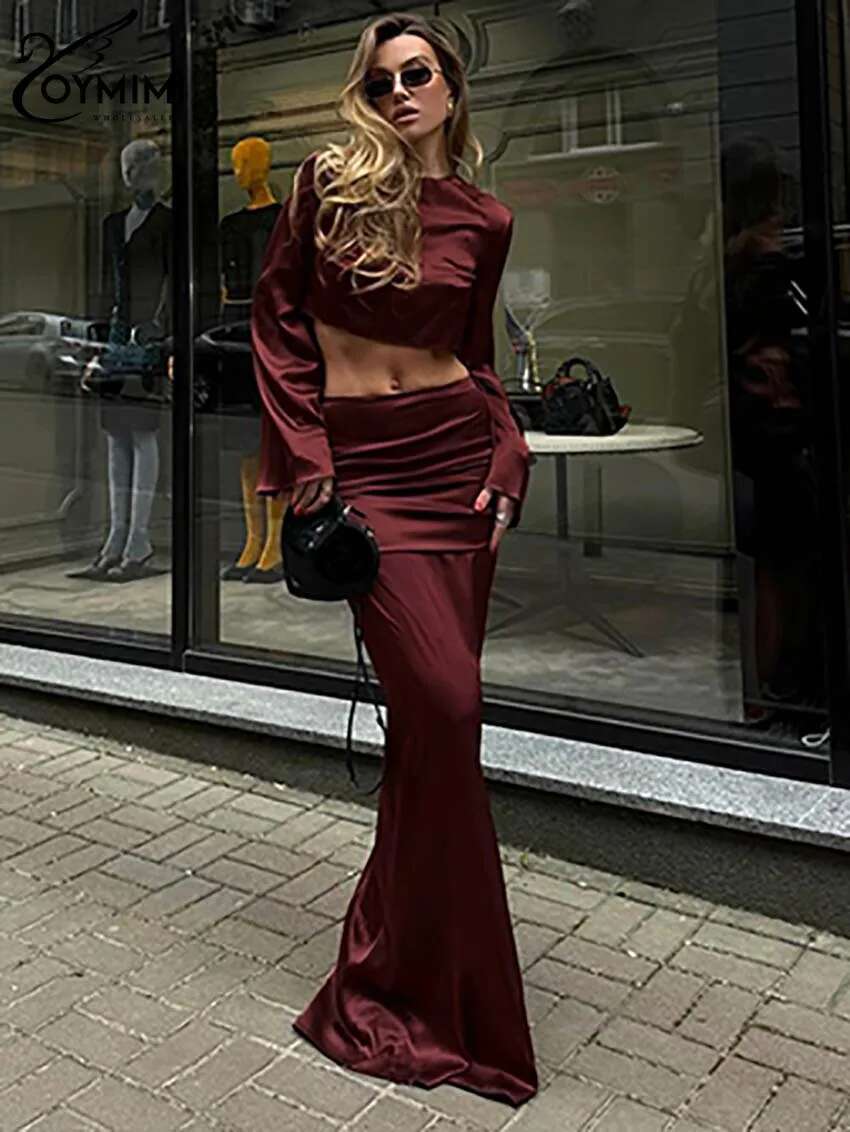Oymimi Fashion Wine Red Sets For Women 2 Pieces Elegant Satin O-Neck Long Sleeve Crop Tops + Slim Simple Or-Length Skirts Set
