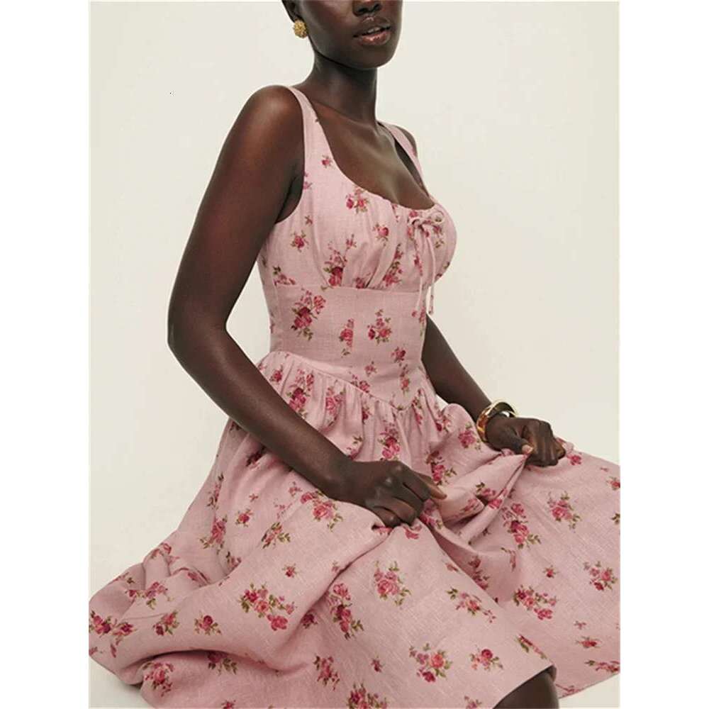 Women Pink Ral Print En Mid Length Dress Summer New Sleeveless Slim Ladies Elegant Vacation Square Collar Lace Up Robe
