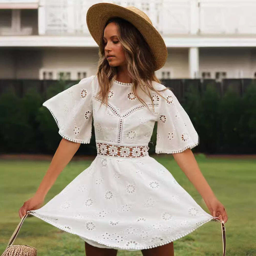 European and American summer sexy backless hollow tassel imitation cotton dress for women 2025 temperament versatile new trendy clothing ins