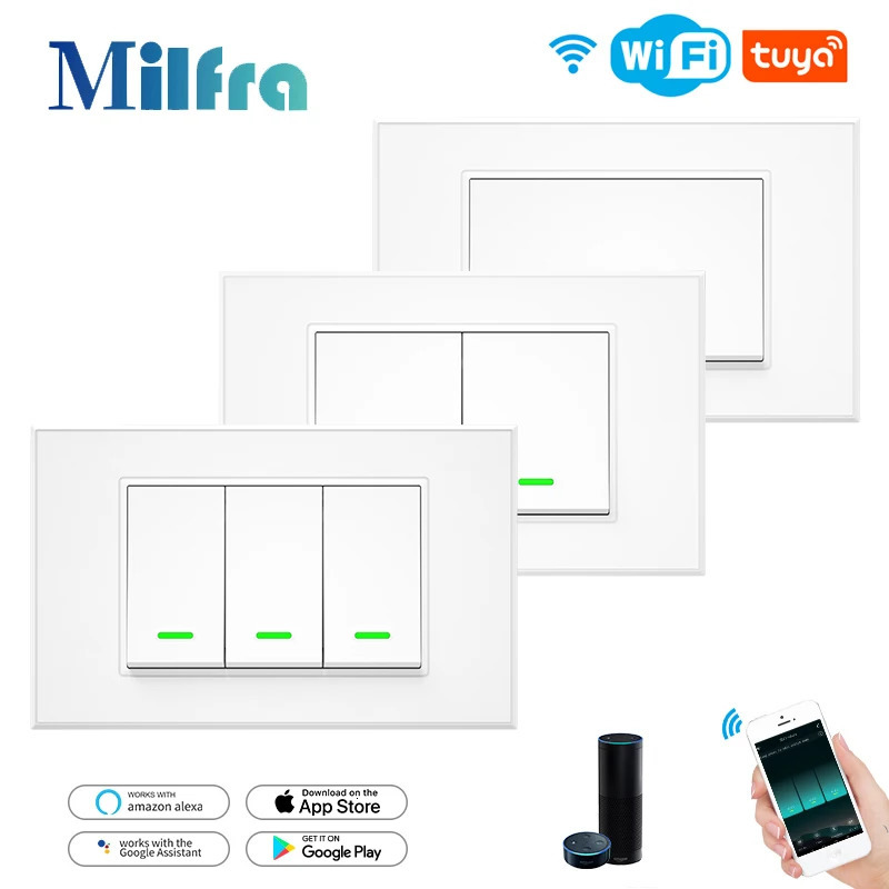 Milfra Smart Wifi Switch Neutral Wire Optional Intelligent Wall Button Light Switches AC100-240V Tuya APP Voice Control by Alexa 250303