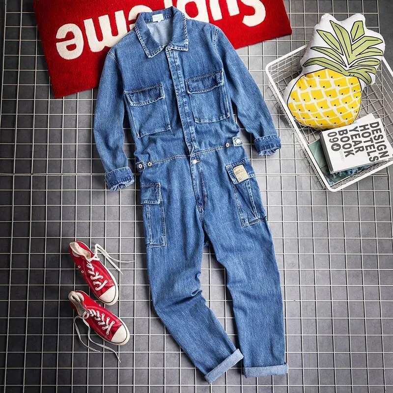 2021 Jeans Overalls Men Denim Jumpsuits Long Sleeve Lapel Multi Pocket Cotton Loose Street Cowboy Pants Blue Black Trousers