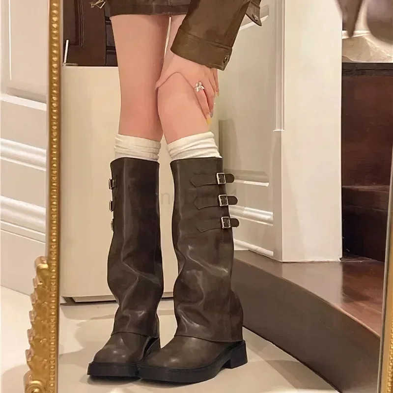 Winter New Wens Boots 2024 High Quality Fionable Round Toe Solid Color Buckle Mid-heeled Sle Wens High Boots Z250304