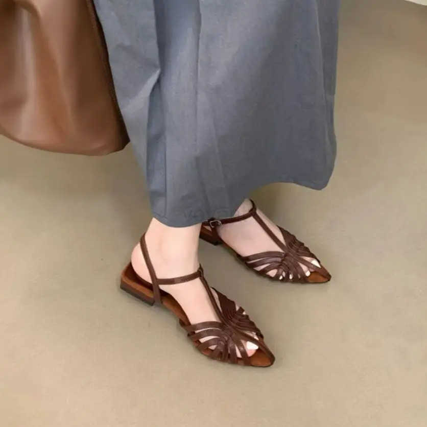 Bailamos Wens Gladiator Sandals Ran Literary Style Hollow Fem Beach Shoes Sandals Hollow Wrap Buckle Dress Shoes M Z250304