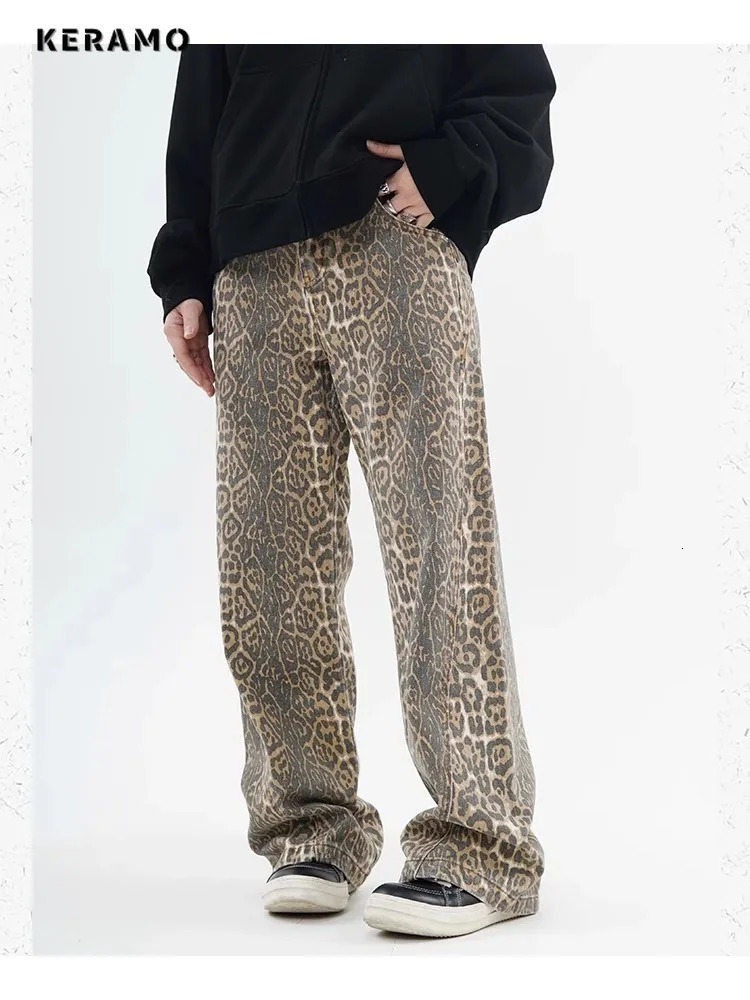 Vintage Leopard Print Jeans Women Spring Oversize Casual Hip Pop Wide Leg Trouser Trend High Waist Panther Denim Pants Ladies 250303