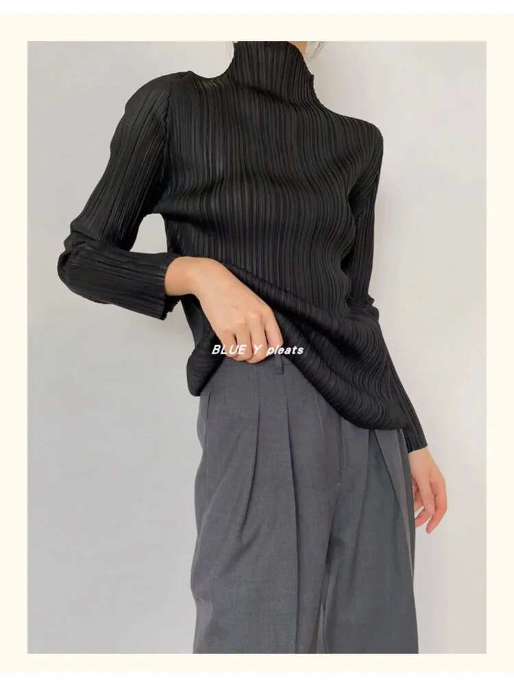 Miyake Pleated Women Shirt Tops 2023 Autumn Winter High Fashion Designer New Aesthetic Clothing Long Sleeve Turtleneck T-Shirt