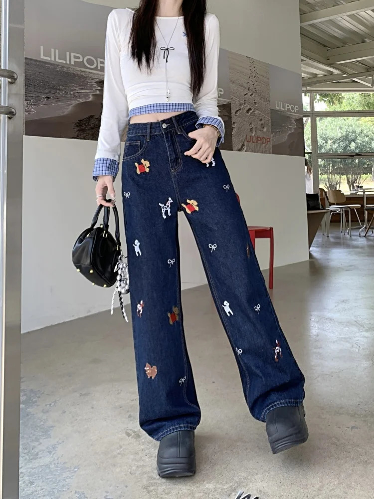 2024 Ropa Y2K Fashion Bow Dog Embroidery Bag Jeans Dress Deep Blue Straight Womens Denim Shorts 250227
