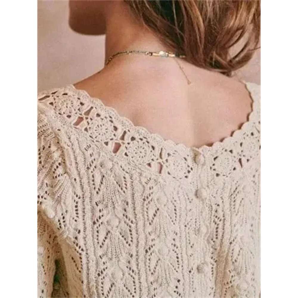2025 Spring Women's Crocheted Knit Sweater Lady Long Sleeve Hollow Out Cardigan Knitwear Outwear Double Wear Tops For Holiday