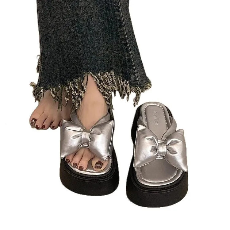 Shoes Ladies Slippers Platform Slides Slipers Women Low Butterfly-Knot Rubber PU Fashion Fabric Hoof Heels 250303