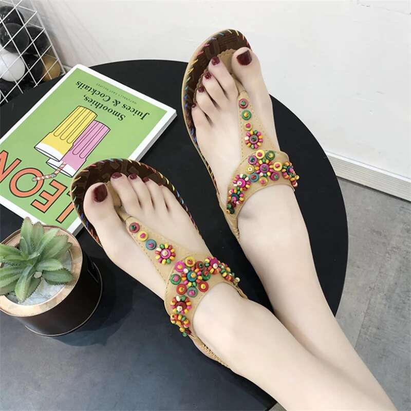 Bohemian Style Women Bead Flip ps Fashionable Comfortable Summer Colorful Sandals Flat Bottom Sandalias