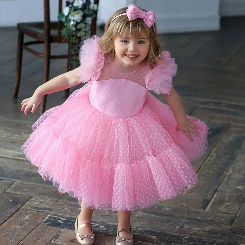 Summer Kids Dresses for Girls Wedding Princess Dress Children Polka Dots Fluffy Costume Elegant Party Pageant Formal Gown 250303