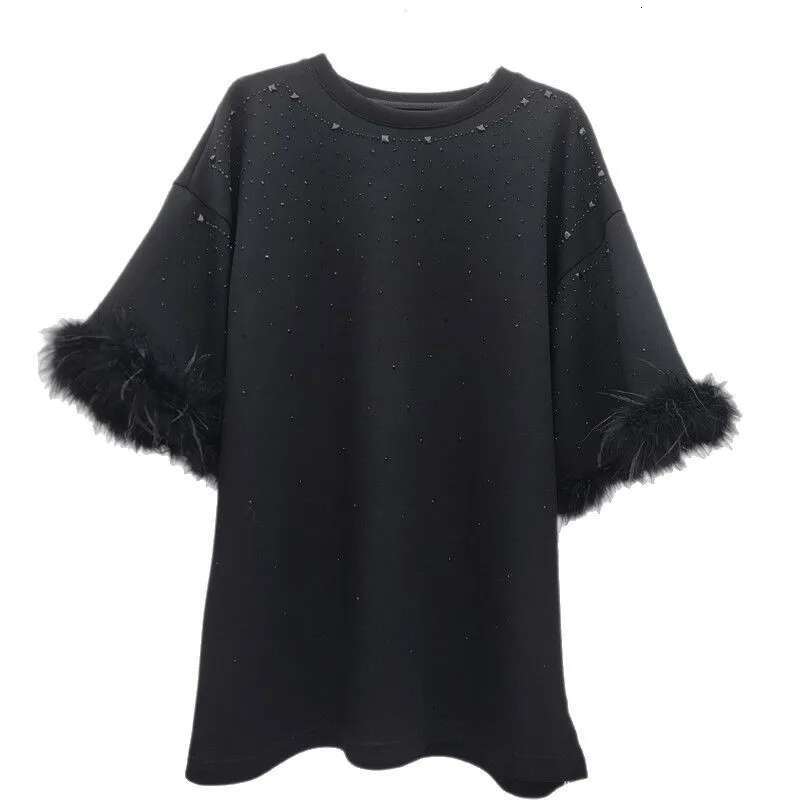Heavy Industry Hot Dia Feather Splicing Half-Sleeve Large Edition T-Shirt Women's 2025 New Fashion Loose Short Sleeve Top