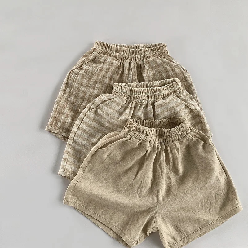 Summer Children Shorts 1-8Y Boys Girls Cotton Linen Striped Plaid Short Pants Casual Trousers Toddler Wear Kids Clothes 250304