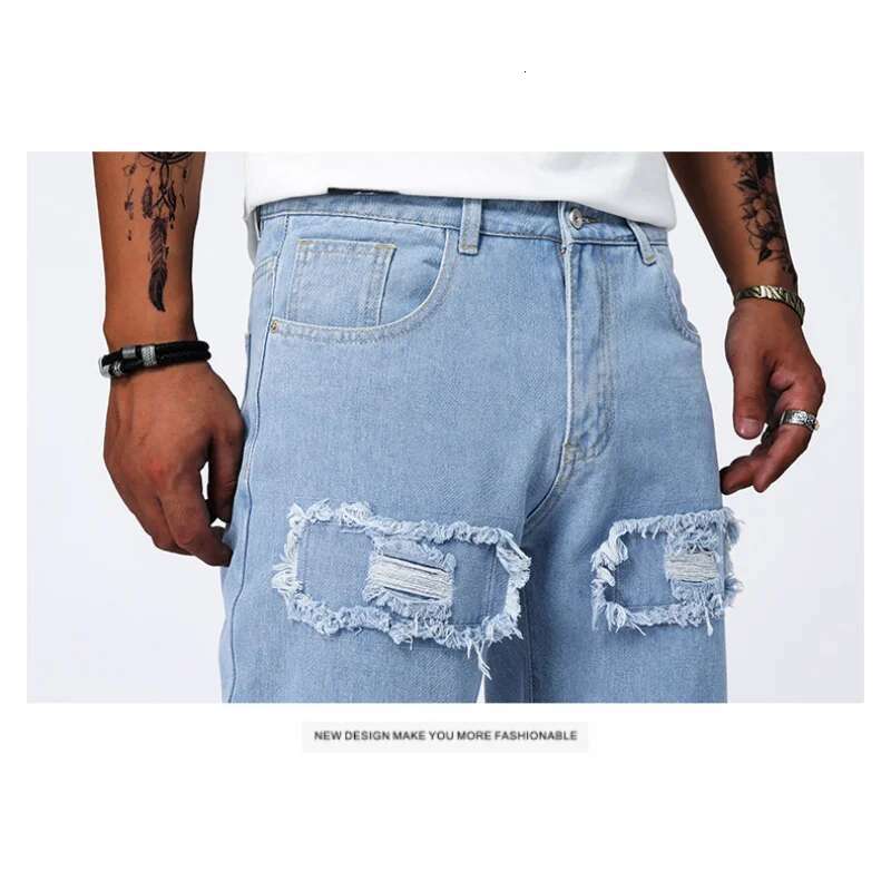 American High Street Broken Hole Jeans Slim Small Leg Summer Thin Section Light Blue Casual Elastic Pants Men
