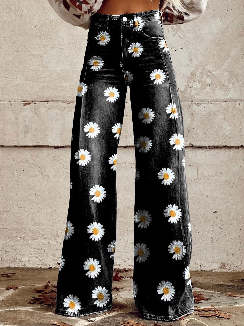 Women's Pants Thin imitation jeans wide leg 3D printing trend