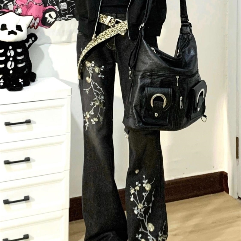 American fashion trend embroidery micro flash jeans millennium retro girl ultra-thin fit micro flash jeans Harajuku Y2k Trouser 250224
