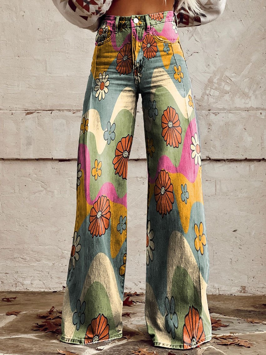 Women's Pants Thin imitation jeans wide leg 3D printing trend