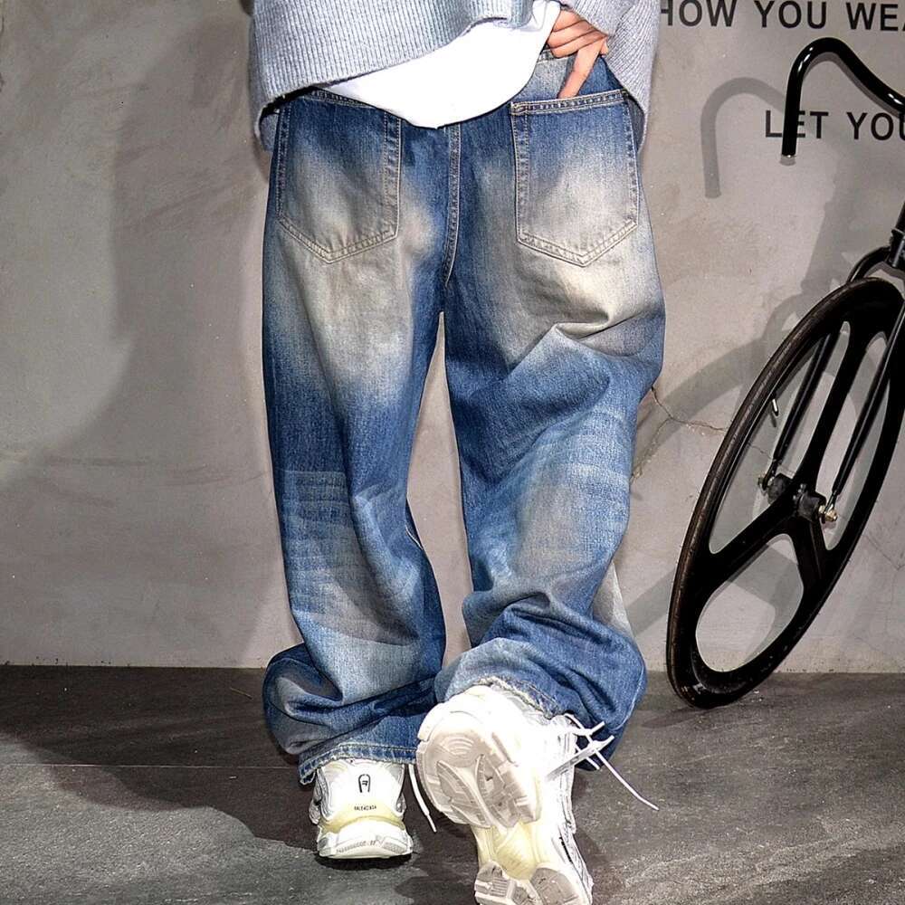 High Quality Fashion Distressed Scratch Ripped Baggy Jeans For Men Dirty Blue Denim Cargo Pants Streetwear Skateboard Trousers