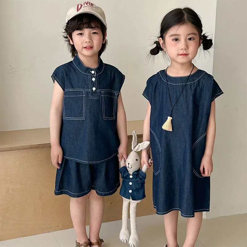 Brother And Sister Clothes Summer Childrens Denim Suit Boy Vest short Or Girl Backless Dress 250304