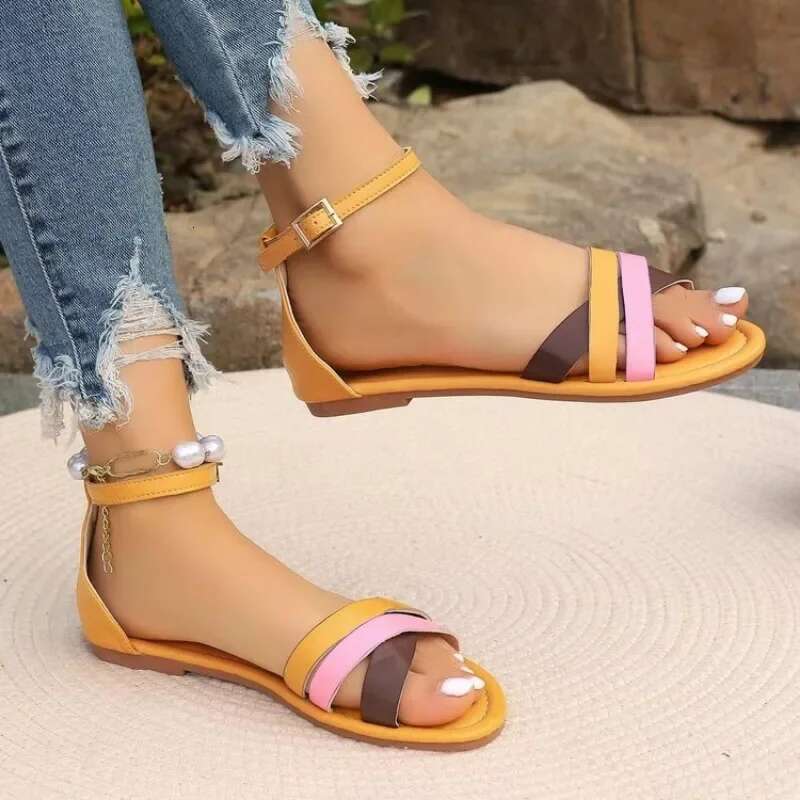 New 2025 Summer Flat Bottom Roman Strap Sandals with Non Slip Rubber Soles Fashion Women's Shoes 36-43