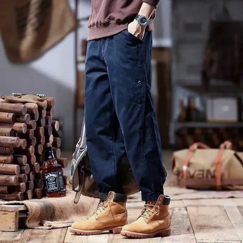 Winter loose casual fully matched retro checkered pants mens elastic waist button cotton sweater mens pantsXJ250303