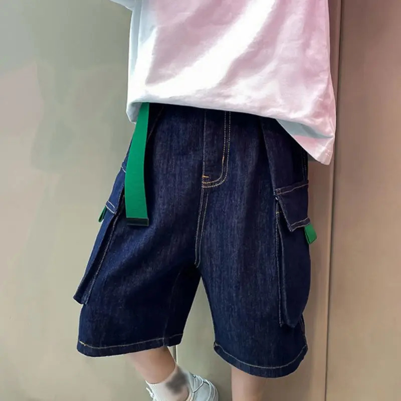 312Y Boys Denim Shorts Summer Thin Kids Solid Color Fashion Pants Children Elastic Pure Cotton Casual Five Quarter 250303